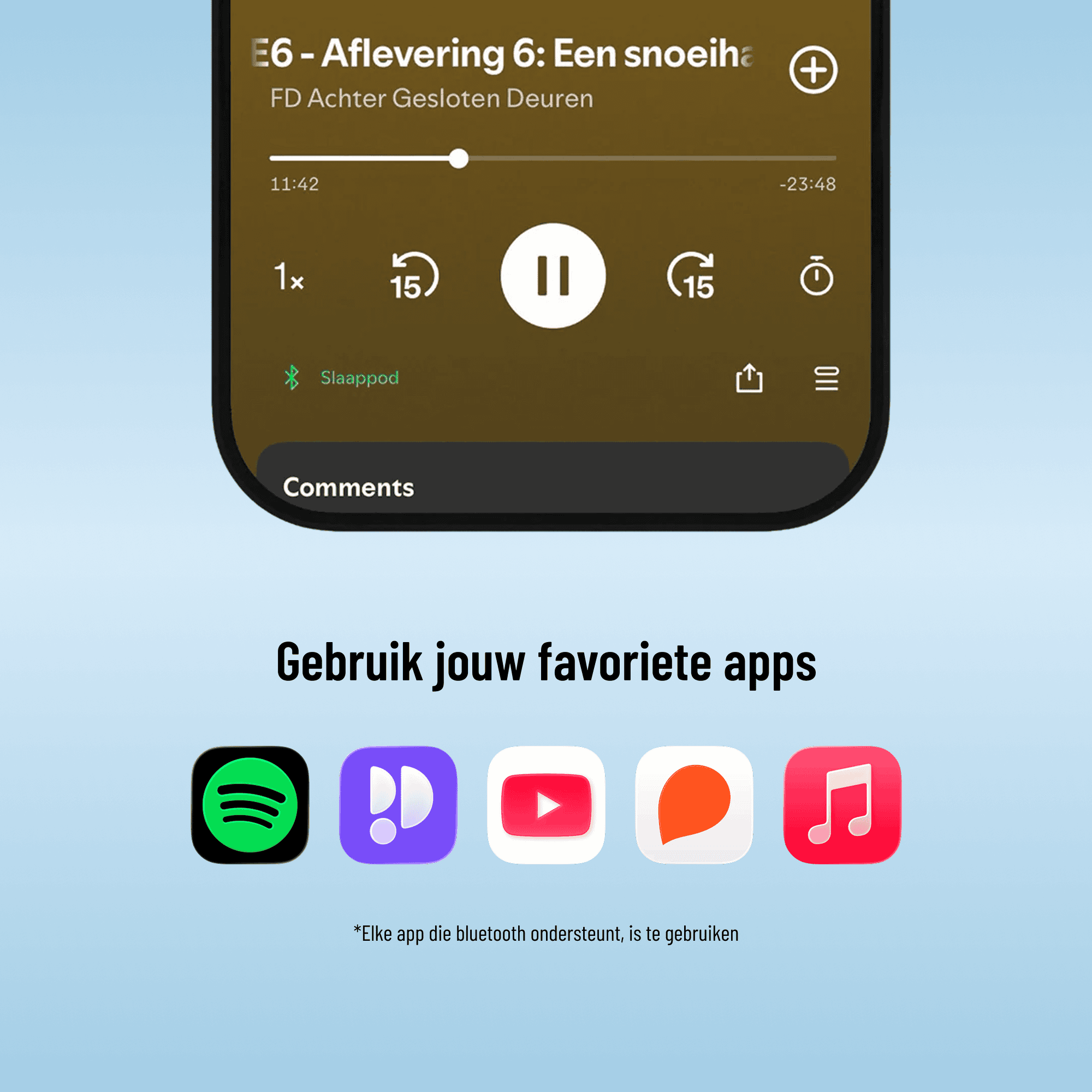 Droomie Slaappod is compatibel met alle Bluetooth apps zoals Spotify, YouTube, Apple Music en Podimo voor het luisteren van podcasts en muziek in bed.