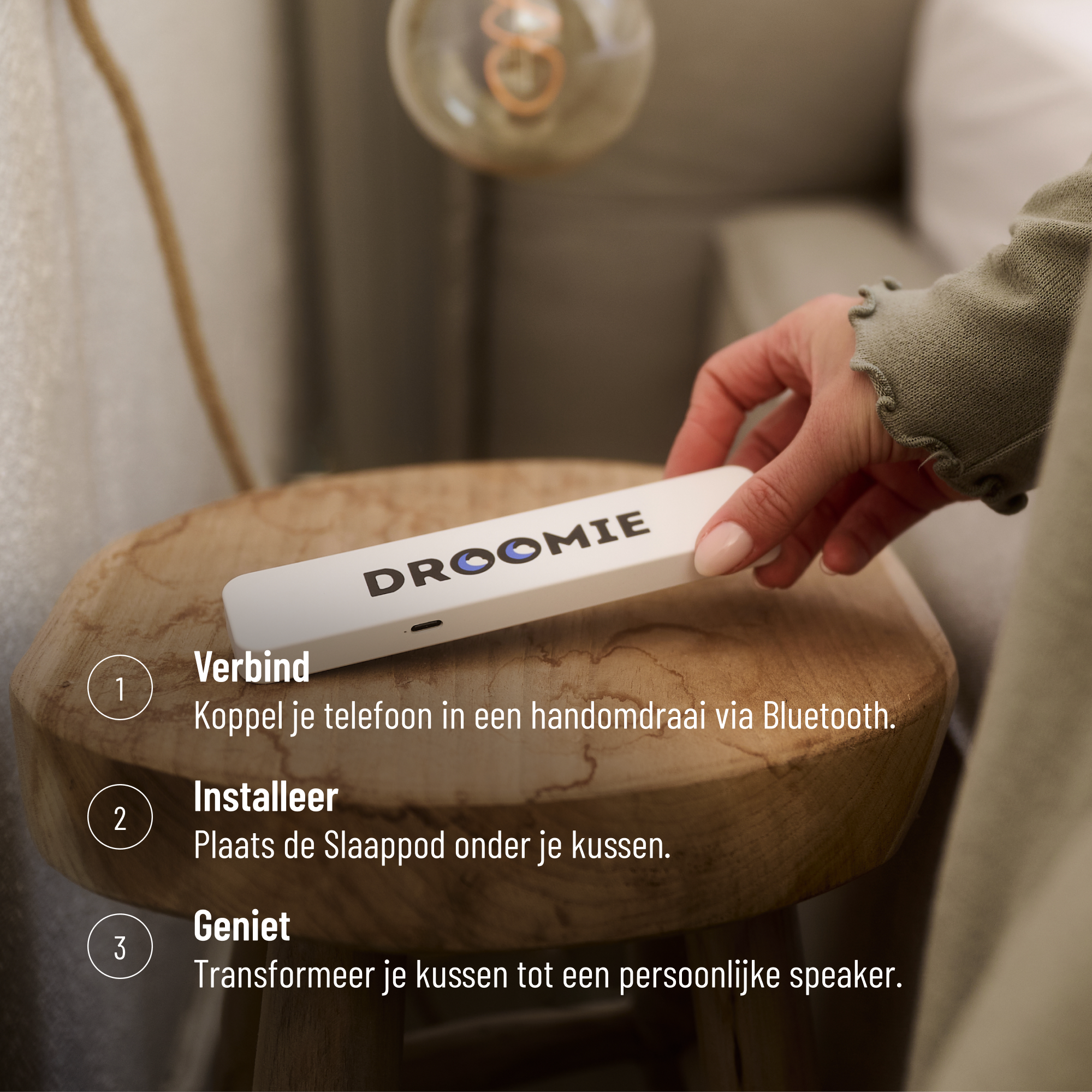 Droomie Slaappod handleiding: In 3 stappen je kussen transformeren tot persoonlijke Bluetooth speaker voor een betere nachtrust.